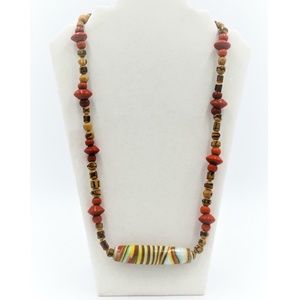Vintage 70's Tubular Glass & Natural Wood Beaded Necklace 26" Long